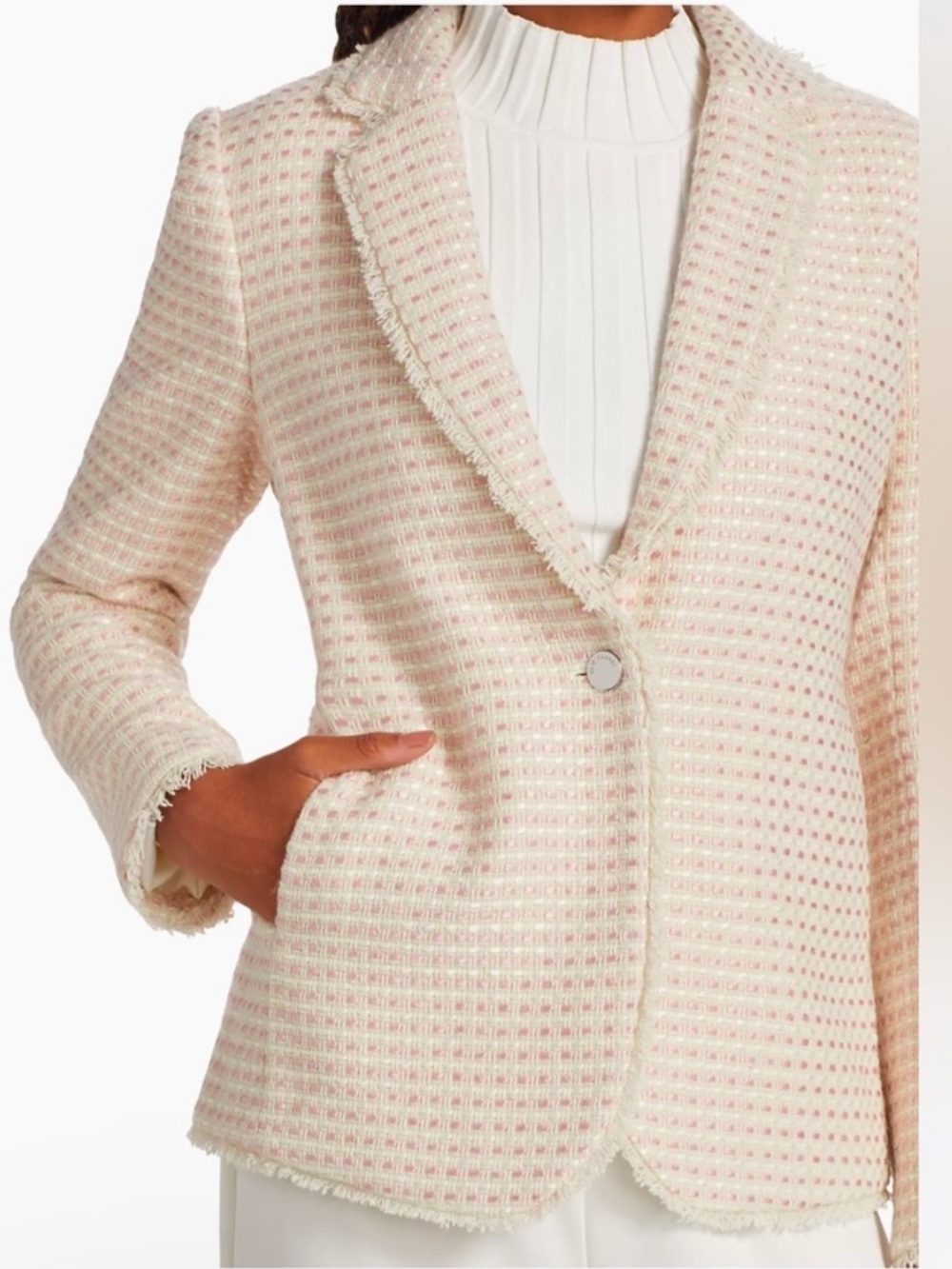 Elie Tahari Wool Blend Tweed One Button Nora Blazer in Light Pink - Picture 3 of 12